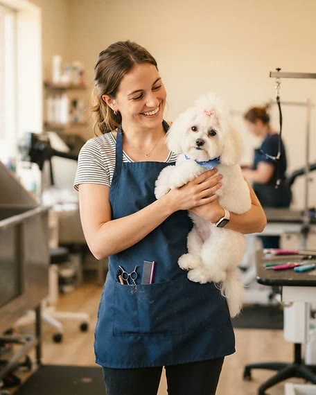 A groomer in a navy apron smiling and holding a small white dog
