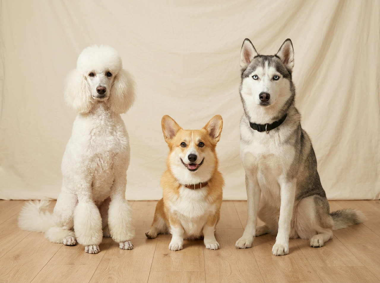 A groomed standard poodle, corgi, and husky sitting side by side